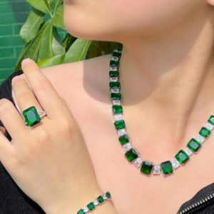 4 peças Anel Decoração de strass e pedra verde