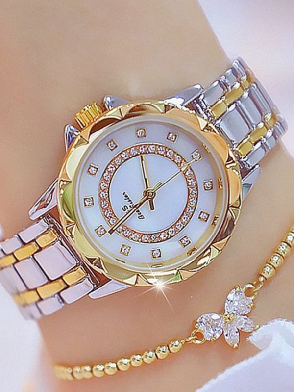 Relógio De Quartzo Dourado Com Decoração De Strass